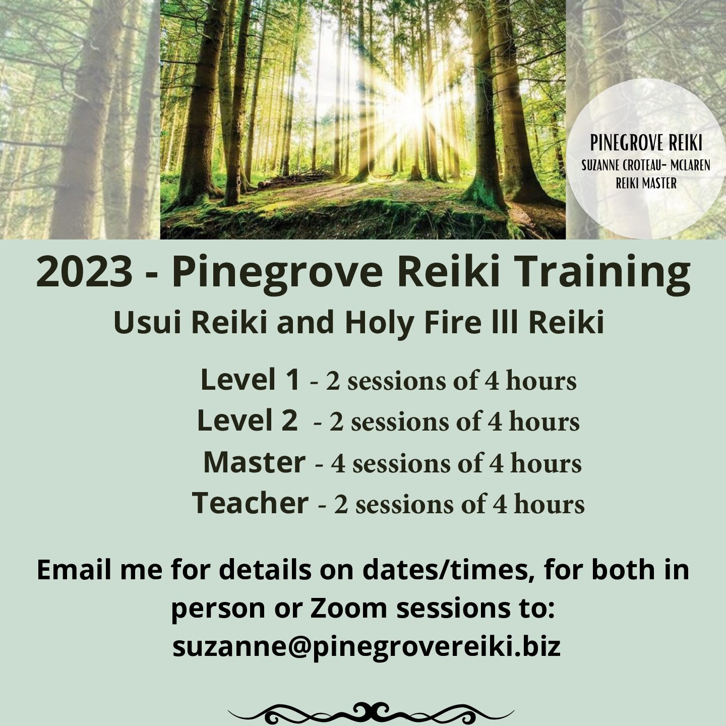 REIKI TRAINING-Connect with Suzanne Croteau to choose your class and dates